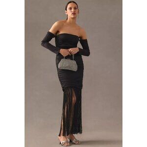 NWT Anthropologie Delfi Collective Ruched Fringe Dress XS Black $348 Cocktail